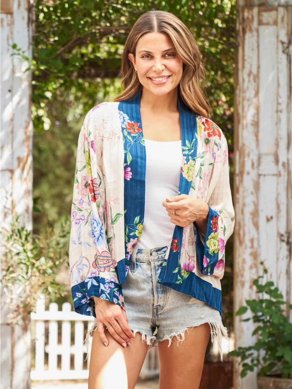 Floral Mixed-Print Open-Front Shawl in Blue and Cream